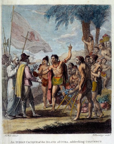 Egy indiai Cacique Kuba szigetéről üdvözli Kolumbusz Kristóf (1451-1506) és az európai katonai és egyházi képviselőket, hogy megvitassák egy új állam létrehozását. Frontispice „A nyugati brit gyarmatok polgári és kereskedelmi története alkotó: Benjamin West