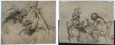 Egy sikoltozó férfi feje (recto) Nő és férfi kártyázik (verso) alkotó: Benjamin West