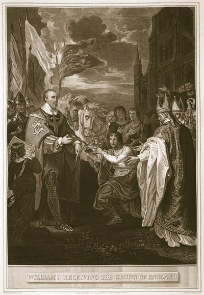 I. Vilmos átveszi Anglia koronáját, George Noble metszete, illusztráció David Hume „Anglia története” című kocsmájából. R. Bowyer, London, 1812 alkotó: Benjamin West