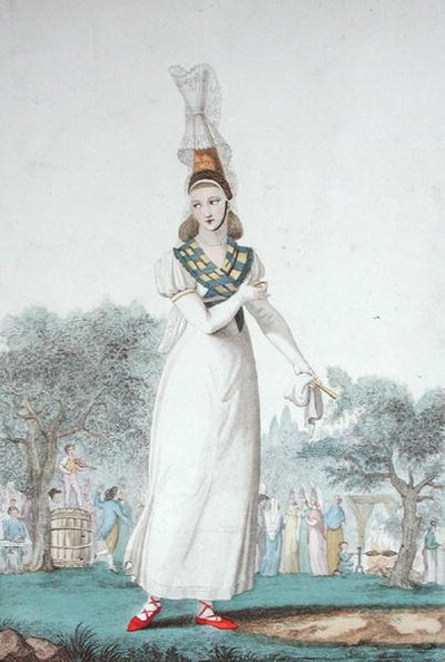 Kauchoise hagyományos viseletben ünnepekre, Gatine metszete 1830 körül (színes litó) alkotó: Benoit (after) Pecheux