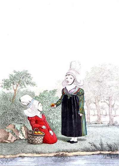 Gyermekek a normandiai Rouen kerületből, 19. század eleje (színes metszet) alkotó: Benoit (after) Pecheux