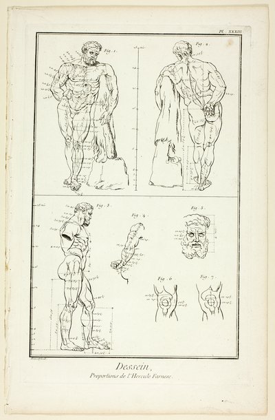 Tervezés: Encyclopédie: A Farnese Hercules arányai, az Encyclopédie-ból. alkotó: Benoit Louis Prevost
