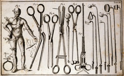 Különböző típusú csipeszek és sebészeti műszerek. Különféle tourniteket és kötszereket viselő férfi. Benoist Louis Prevost (1735-1809) által illusztrált műtéti tábla. 18. század alkotó: Benoit Louis Prevost