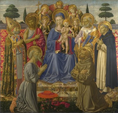 Madonna és gyermeke angyalokkal és szentekkel körülvéve. 1461-62 alkotó: Benozzo Gozzoli