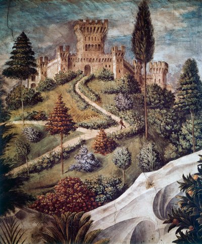 Vár, tájrészlet a mágusok körmenetéből alkotó: Benozzo di Lese di Sandro Gozzoli