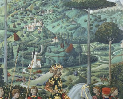 VII. János paleológus (1391-1448), kelet-római császár, mint Balthasar, a Háromkirályok egyike, részlet a kápolnában lévő Bölcsek utazása ciklusból, 1460 körül (freskó). alkotó: Benozzo di Lese di Sandro Gozzoli