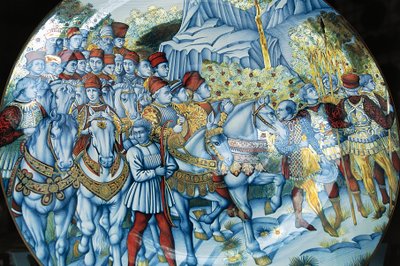 Benozzo Gozzoli (körülbelül 1420-1497), Gualdo Tadino kézművesek, Umbria, Olaszország mágiák körmenetét ábrázoló majolikalemez alkotó: Benozzo di Lese di Sandro Gozzoli