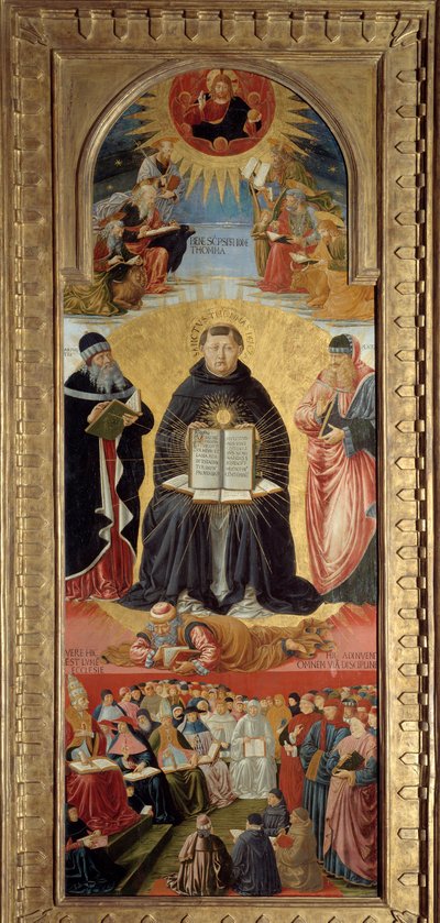 Aquinói Szent Tamás (1225-1274) diadalát Platón (jobbra) és Arisztotelész veszi körül, akinek a tanítványa. Lábainál Saint-Amour Vilmos feküdt. A tetején Krisztus áldja meg az evangélistákat. Lent IV. Sixtus pápa (1414-1484) pres alkotó: Benozzo di Lese di Sandro Gozzoli