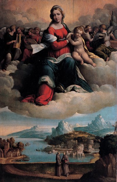 Madonna és gyermek a dicsőségben Páduai Antal szentekkel és Ferenccel alkotó: Benvenuto Tisi da Garofalo