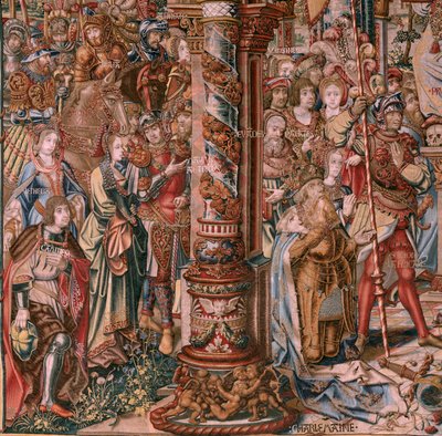 Flamand kárpit. A kitüntetések sorozat. Hit (La Fe). A sorozat első gobelinje. Modell karikaturisták Bernard van Orley és Jan Gossaert (Mabuse) köréből. Gyártás Pieter van Aelst, Brüsszel. Kb. 1550. Szövet Arany, ezüst, selyem és gyapjú. alkotó: Bernaert van (circle of) Orley