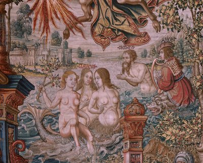 Flemish tapestry. Series The Honours. Fame (La Fama). Third tapestry in the series. Model Cartoonists from the circle of Bernard van Orley and Jan Gossaert (Mabuse). Manufacture Pieter van Aelst, Brussels. Ca 1550. Fabric Gold, silver, silk and wool.   131 alkotó: Bernaert van (circle of) Orley