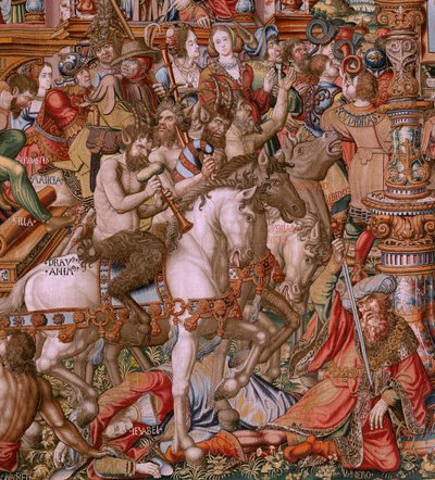 Flamand kárpit. A kitüntetések sorozat. Infamy (La Infamia). A sorozat hatodik kárpitja. Modell karikaturisták Bernard van Orley és Jan Gossaert (Mabuse) köréből. Gyártás Pieter van Aelst, Brüsszel. Kb. 1550. Szövet Arany, ezüst, selyem és gyapjú. alkotó: Bernaert van (circle of) Orley