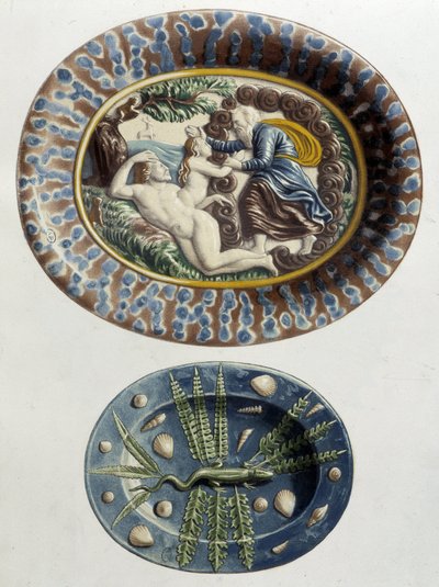 Isten megteremti Ádám combjának Évát; Gyík – Kerámia edények, C. Delange és C. Borneman „Bernard Palissy munkája”, Párizs alkotó: Bernard (after) Palissy