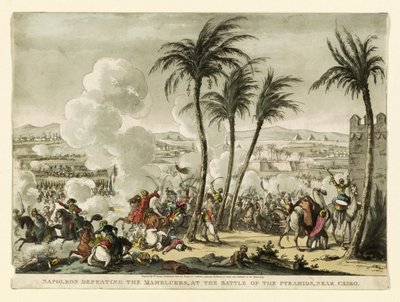 Napóleon legyőzi a mamelukokat a piramisok csatájában, Kairó közelében, vésette George Cruikshank (1769-1823), kocsma. 1823 (kézzel színezett metszet) alkotó: Bernard Edouard Swebach