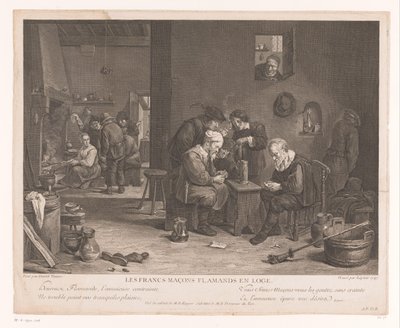 Fogadó belső kártyajáték figurákkal Les Francs Maçons Flamands en Loge (cím a tárgyon) alkotó: Bernard François Lépicié