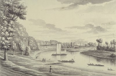 Nyugati nézet a Hampton Court Ferryről és a Hampton Churchről a távolban, 1731-33 (toll és fekete tinta, mosás fektetett papíron) alkotó: Bernard III Lens