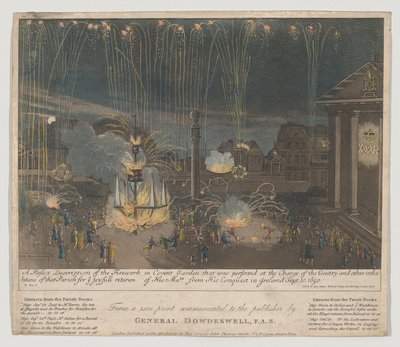 Tűzijáték Covent Gardenben, 1809 (rézkarc és akvatinta, kézzel színezett) alkotó: Bernard II Lens