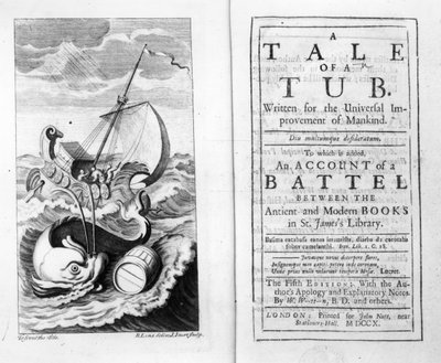 Jonathan Swift A Tale of a Tub című könyvének előlapja és címlapja, John Sturt metszet, 1704 alkotó: Bernard II Lens