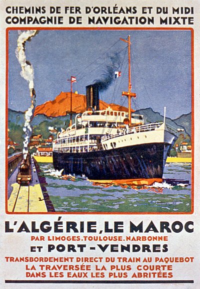 Reklámplakát a francia vasútvonal számára, amely Franciaországból Limoges-on, Toulouse-on, Narbonne-on és Port Vendres-en keresztül Algériába és Marokkóba tart, 1900 körül. alkotó: Bernard Lachevre