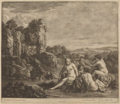 Fürdőzők egy tájban alkotó: Bernard Lens, after Cornelis van Poelenburch