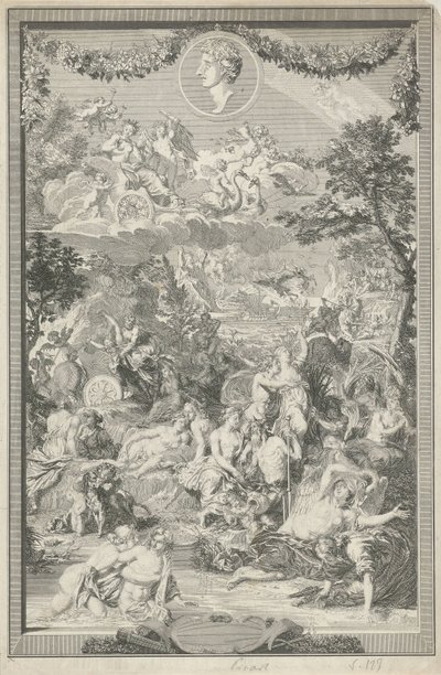 Allegorikus címlap Ovidius metamorfózisainak különböző jeleneteivel és portréjával alkotó: Bernard Picart