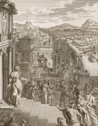 Cassandra megjövendöli a trójaiak sorsát, és nem hiszik el, 1731 alkotó: Bernard Picart