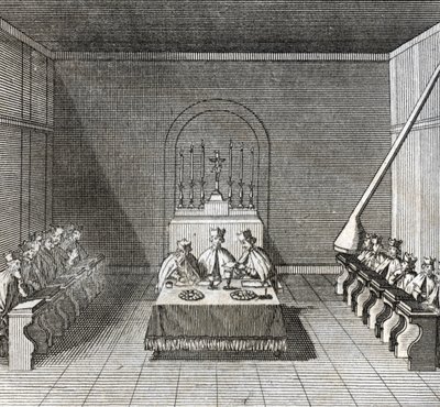 A konklávé különböző szakaszai, bíborosok találkozója új pápaválasztásra: az új pápa megválasztása a konklávé során a Sixtusi (Sisztinai) kápolnában, Vatikán: a bíborosok szavazólapjai a pápaválasztáshoz) Metszet a „ Illustr alkotó: Bernard Picart