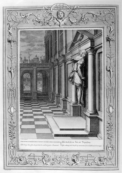 Iphis kétségbeesetten felakasztotta magát, mert nem tudta megszerezni Anaxarete-t, 1733 alkotó: Bernard Picart