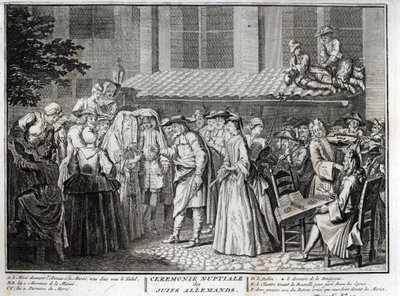 Zsidó esküvő a német zsidó közösségben Metszet a „” Illustration de ceremonies et customs religines de les peuple du monde” című könyvéből, Bernard Picart (1723-1743) 1819 Magángyűjtemény alkotó: Bernard Picart