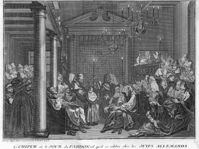 Judaizmus: Chipur ünnepe a német zsidók között (Jom Kippur, a zsidó nép engesztelésének napja) Metszet Bernard Picart (1723-1743) „A világ összes népének szertartásainak és vallási szokásainak illusztrálásából” 1819-es magángyűjtemény alkotó: Bernard Picart