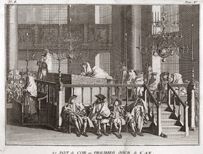 Judaizmus: a kürt hangja az év első napján ((a schofar a Rosch ha-schana hangja) (zsidó újévi fesztivál: a sófár kürt megfújása Ros hásánán) Metszet a „”-ből Vallási szertartások illusztrálása ill. minden nép szokásai alkotó: Bernard Picart