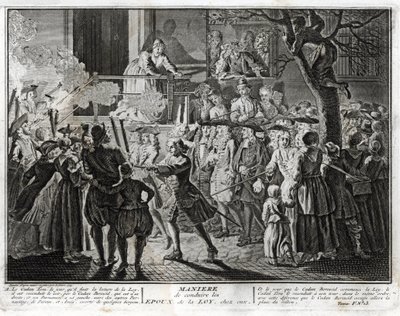 A judaizmus: a törvény házastársának hazavezetésének módja - annak a körmenetnek a reprezentációja, amellyel a közösség Simhat Tóra ünnepén tisztelte azokat, akiket kiválasztottak, akik megáldják a Tóra utolsó szakaszának felolvasását és a másik t alkotó: Bernard Picart