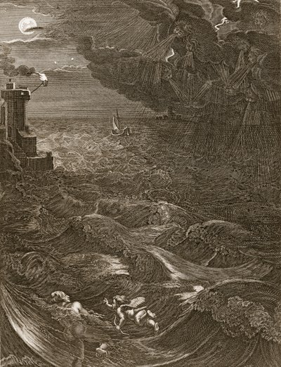 Leander átúszik a Hellesponton, hogy találkozzon hősnőjével, 1730 alkotó: Bernard Picart