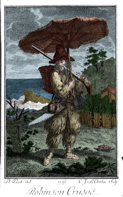 Robinson Crusoe ábrázolása a sivatagi szigetén. Bernard Picart (1673-1733) metszete Daniel Defoe vagy De Foe (1660-1731) regényét illusztrálva alkotó: Bernard Picart