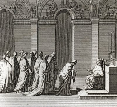 A pápa ünnepélyes felavatása: „A pápa imádása a Sixtus-kápolnában” (Pápai beiktatás: A pápa imádata a Sixtusi kápolnában) Metszet a „” A világ összes népének szertartásai és vallási szokásai” illusztrációból” alkotó: Bernard Picart