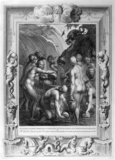 A Danaidák arra ítélték, hogy megfúrt edényeket töltsenek meg vízzel, 1733 alkotó: Bernard Picart