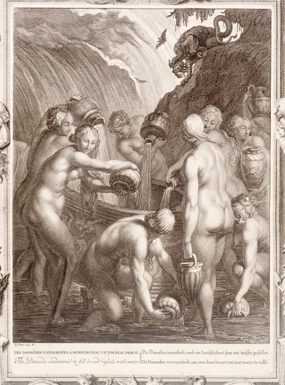 Az unatkozó edények vízzel való feltöltésére ítélt danaiak, 1730 alkotó: Bernard Picart