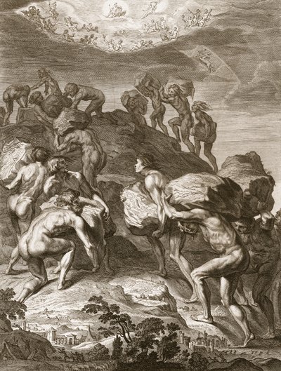 Az óriások megpróbálják átméretezni a mennyországot a hegyek egymásra halmozásával, 1731 alkotó: Bernard Picart