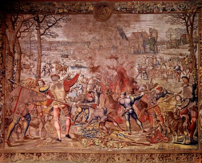 Maximilien „Guise gyönyörű vadászatai” elnevezésű vadászatai: január hónap, Vízöntő, vaddisznóvadászat, flambee, kúra - Bernard van Orley flamand műhelyeiben készített gobelin (Barend, Barent, Bernaert van Brussel alkotó: Bernard van (after) Orley