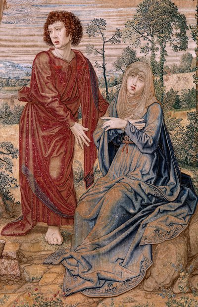 Flamand kárpit. V. Károly Dais-sorozata (Ausztriai Margit baldachinja). Az Irgalmasság Krisztusa (Cristo de la Misericordia). Gobelin panel az emelvény mögött. Bernard van Orley modell (1491-1542). Gyártás Pieter de Pannemaker, Brüsszel. 1518-1524. Szövet  alkotó: Bernard van Orley