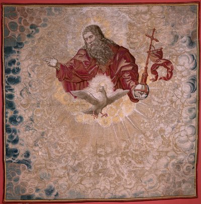 Flamand kárpit. V. Károly Dais-sorozata (Ausztriai Margit baldachinja). Az Atyaisten és a Szentlélek (El Padre Eterno y el Espíritu Santo). Baldachin az emelvényről. Bernard van Orley modell (1491-1542). Gyártás Pieter de Pannemaker, alkotó: Bernard van Orley