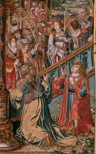Flamand kárpit. A kitüntetések sorozat. Hit (La Fe). A sorozat első gobelinje. Modell karikaturisták Bernard van Orley és Jan Gossaert (Mabuse) köréből. Gyártás Pieter van Aelst, Brüsszel. Kb. 1550. Szövet Arany, ezüst, selyem és gyapjú. alkotó: Bernard van Orley