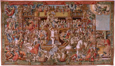 Flamand kárpit. A kitüntetések sorozat. Infamy (La Infamia). A sorozat hatodik kárpitja. Modell karikaturisták Bernard van Orley és Jan Gossaert (Mabuse) köréből. Gyártás Pieter van Aelst, Brüsszel. Kb. 1550. Szövet Arany, ezüst, selyem és gyapjú. alkotó: Bernard van Orley