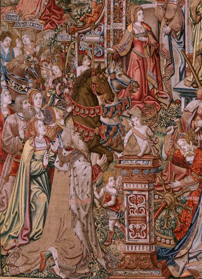 Flamand kárpit. Sorozat The Honours; Prudence (La Prudencia).A sorozat hetedik kárpitja. Modell karikaturisták Bernard van Orley és Jan Gossaert (Mabuse) köréből. Gyártás Pieter van Aelst, Brüsszel. Kb. 1550. Szövet Arany, ezüst, selyem és w alkotó: Bernard van Orley
