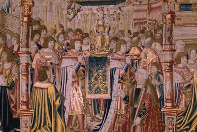 Flamand kárpit. Sorozat The Legend of the Madonna of the Sablon (The Legend of Our Lady of the Sablon). A Madonna-szobor érkezése. Brüsszeli gyártás. Barend van Orley karikaturista alkotó: Bernard van Orley