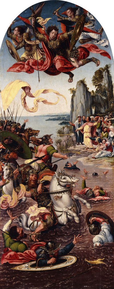 Mózes megosztja a Vörös-tengert Szent Mihály jelenlétében, alkotó: Bernard van Orley
