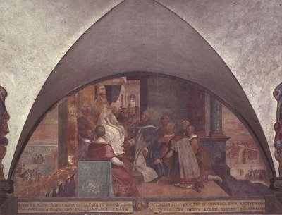 Szent Antal nagykövetként mutatkozik be III. Eugenius pápának, lunette (freskó) alkotó: Bernardino Barbatelli Poccetti