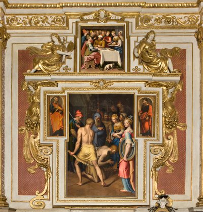 Népek Szűzanya kápolna, északi oldal második szakasza, Bernardino Campi, Keresztelő dekoltációja 1569, Oldalakon Szent Péter és Szent Pál 1520-30, Bernardino Campi, Heródes lakomája 1569 alkotó: Bernardino Campi