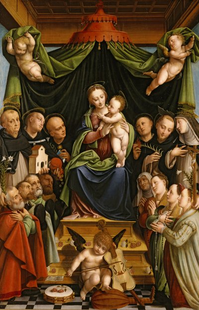 Madonna és a szentekkel és adományozókkal trónoló gyermek alkotó: Bernardino Lanino