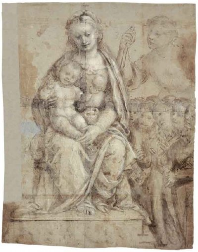 Madonna a gyermekkel, egy harcos szent (Mihály) és egy csapat hívő alkotó: Bernardino Lanino